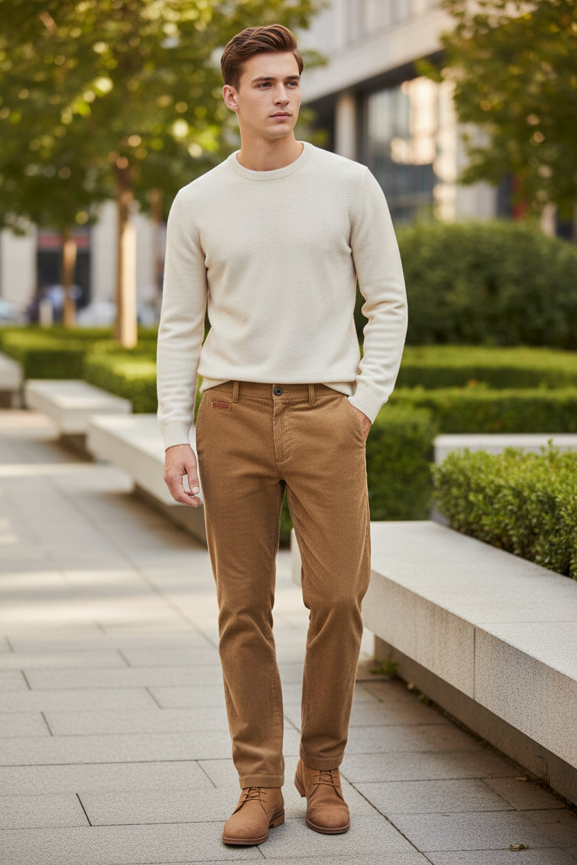 Folded brown corduroy pants on a gray surface