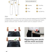 Pants measuring guide showing waist, hips, thigh, front rise, length, and leg opening, with instructions to measure an existing pair rather than your body.