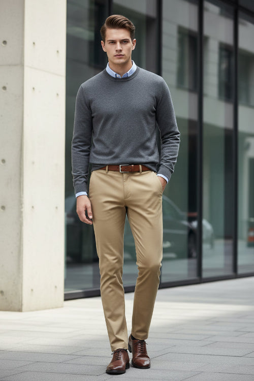 Beige pants on a hanger against a gray background