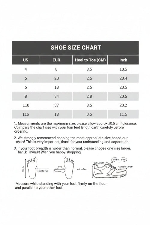 Foot size chart with measurements in US, EUR, heel to toe, and inch formats.
