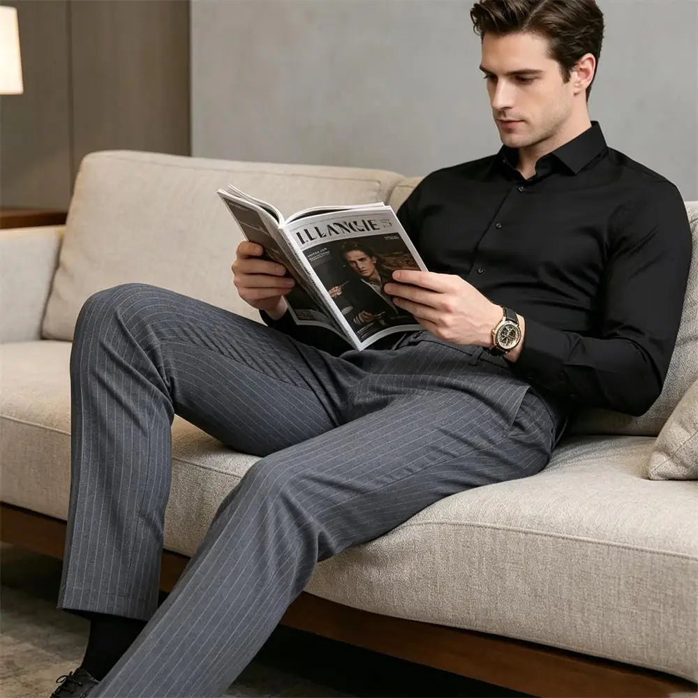 Pinstripe Pattern Suit Pants for Man Formal Dress Slim Fit Pants Elastic Waist Summer Thin Casual Trousers Male Business Wedding