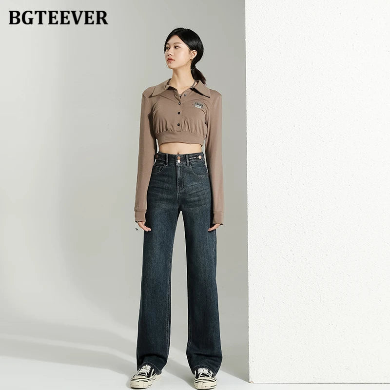 BGTEEVER Vintage Double Buttons Straight Jeans Pants Women Spring Autumn High Waist Loose Pockets Female Wide Leg Denim Trousers