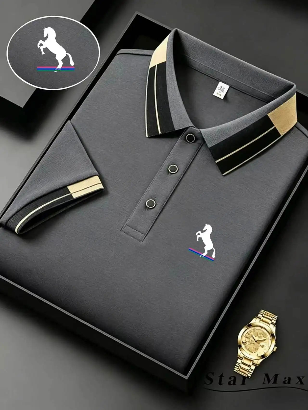 Gray polo shirt with brand logo, gold watch, and branded box on a dark background