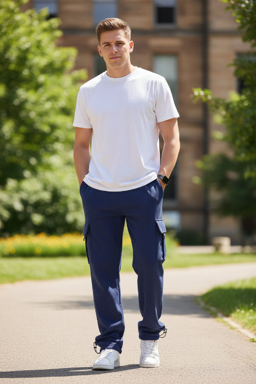 Person wearing navy cargo pants on a white background