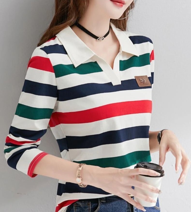 Slimming Striped Polo T-Shirt for Women 100% Cotton Long Sleeve Innerwear for 2026 Transitional Wardrobe