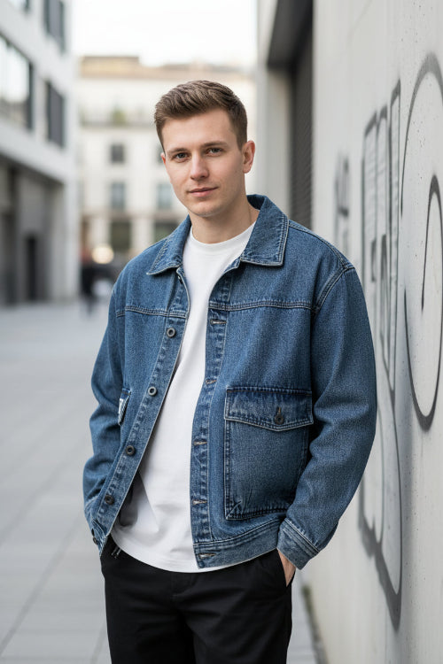 Blue denim jacket on a plain background
