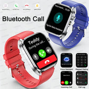 Two smartwatches with red and blue bands displaying phone interface on a light gray background.