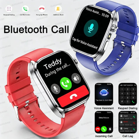 Two smartwatches with red and blue bands displaying phone interface on a light gray background.