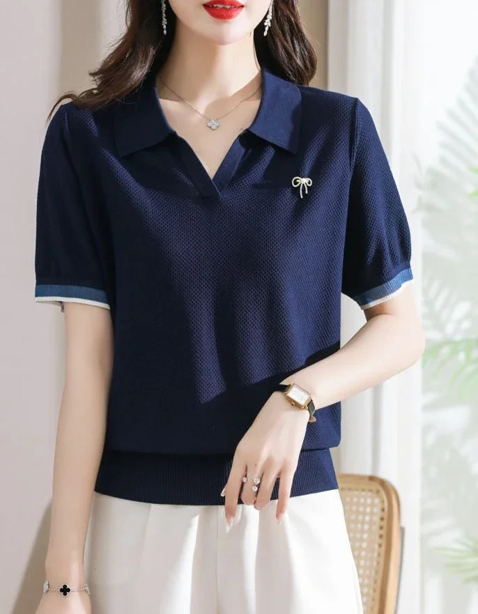 Female Tee Baggy Plain Knitted Cute T-shirts Kawaii Women's Polo Pulovers Offer Comfortable Summer 2025 with Collar New On
