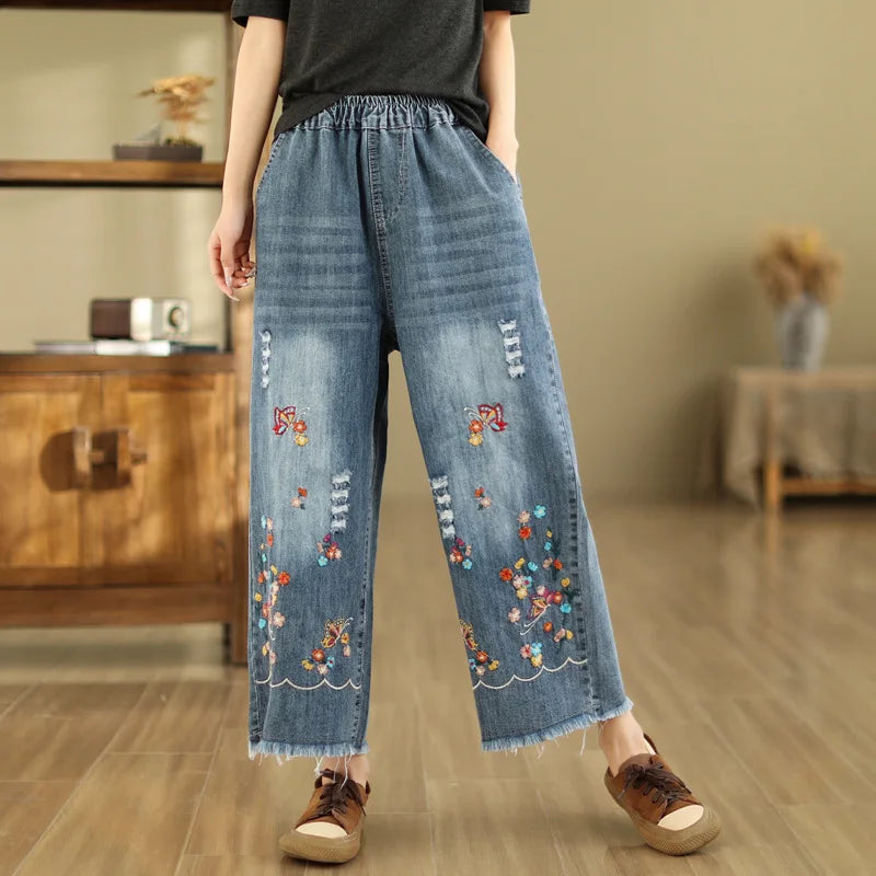 Spring Summer Ethnic Style Vintage Floral Embroidery Denim Wide Leg Pants Women High Elastic Waist Hole Casual Straight Jeans