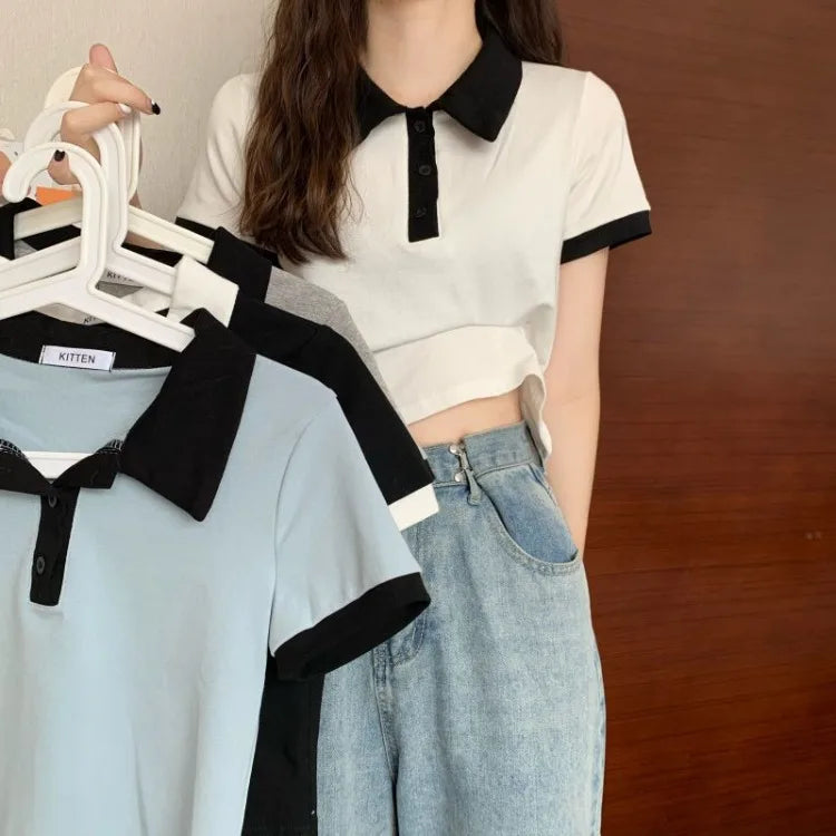 Summer 2026 Women New Arrival Slim Fit Versatile Polo Collar Color Block Short T Shirt Short Sleeve Unique Top Ins Trendy