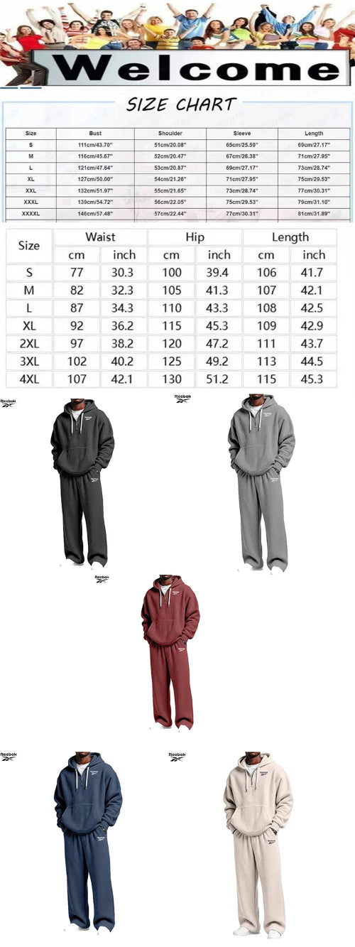 A size chart and welcome size guide for a children's two-piece tracksuit set, showing a size table from S to 4XL with measurements in cm, inches, and length, 