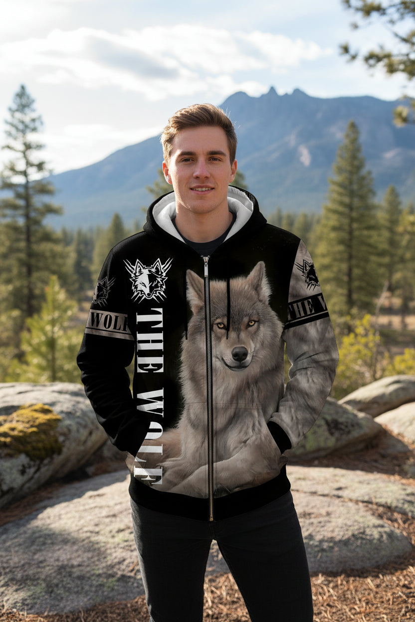 Black hoodie with a wolf design and 'The Wolf' text on a white background