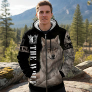 Black hoodie with a wolf design and 'The Wolf' text on a white background