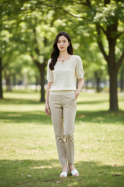 Woman wearing a white textured top with a blurred background