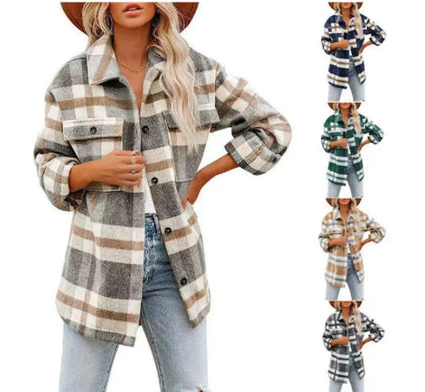Woman wearing a gray and cream plaid shirt, with thumbnails of other colorways beside her.