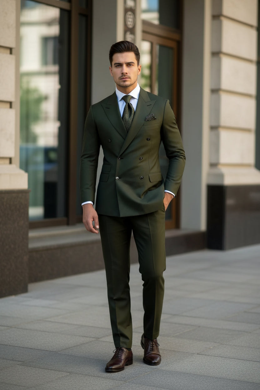 Green suit with a patterned tie and pocket square on a neutral background