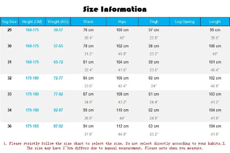 A size chart table with columns for Tag Size, Height (CM), Weight (KG), Waist, Hip, Thigh, Leg Opening, and Length, titled 'Size Information'.