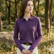 Purple button-up shirt worn by a person with a blurred background