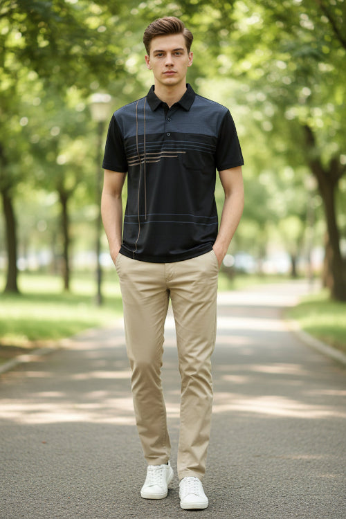 Black and gray striped polo shirt on a hanger against a light gray background