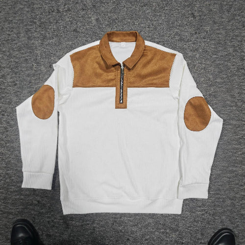 A white ribbed knit long-sleeve quarter-zip pullover sweater with tan faux-suede 