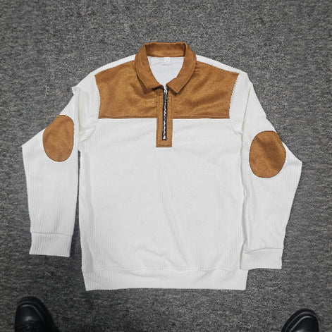A white ribbed knit long-sleeve quarter-zip pullover sweater with tan faux-suede 