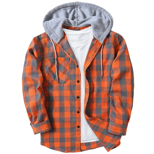 A men's long-sleeve plaid flannel shirt jacket with an integrated gray hood, layered over a white t-shirt. The shirt features a vibrant orange and dark gray buffalo check pattern,
