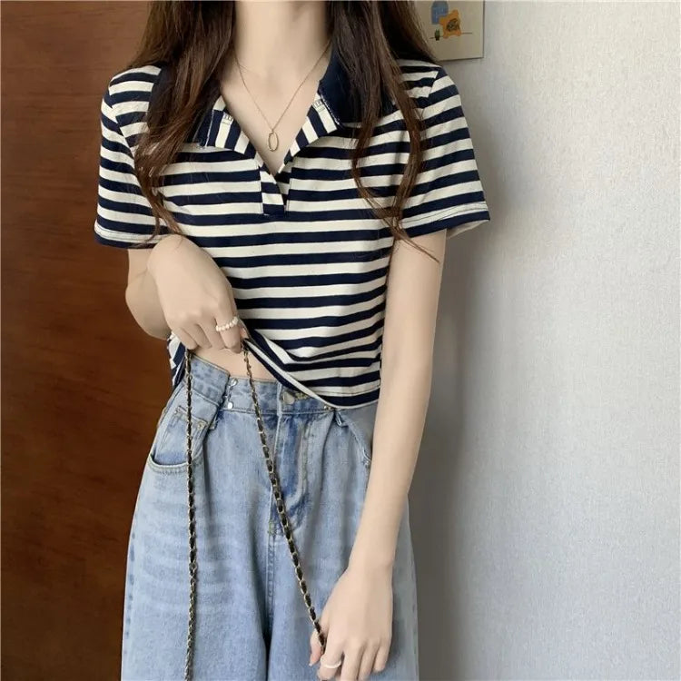 Chic V Neck Short Length Striped Short Sleeve Polo T Shirt For Women Summer 2026 New Niche Top