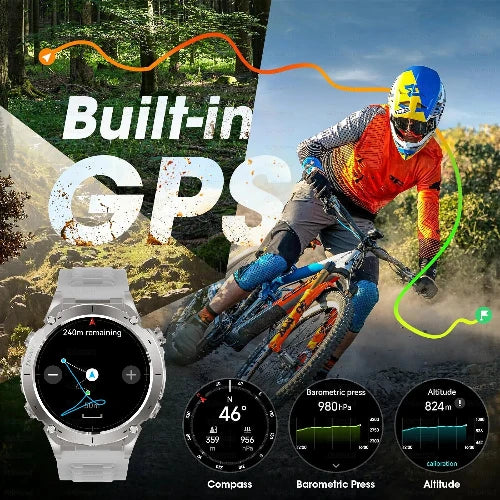 Person riding a bike with a watch displaying GPS information, surrounded by outdoor elements.