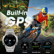 Person riding a bike with a watch displaying GPS information, surrounded by outdoor elements.