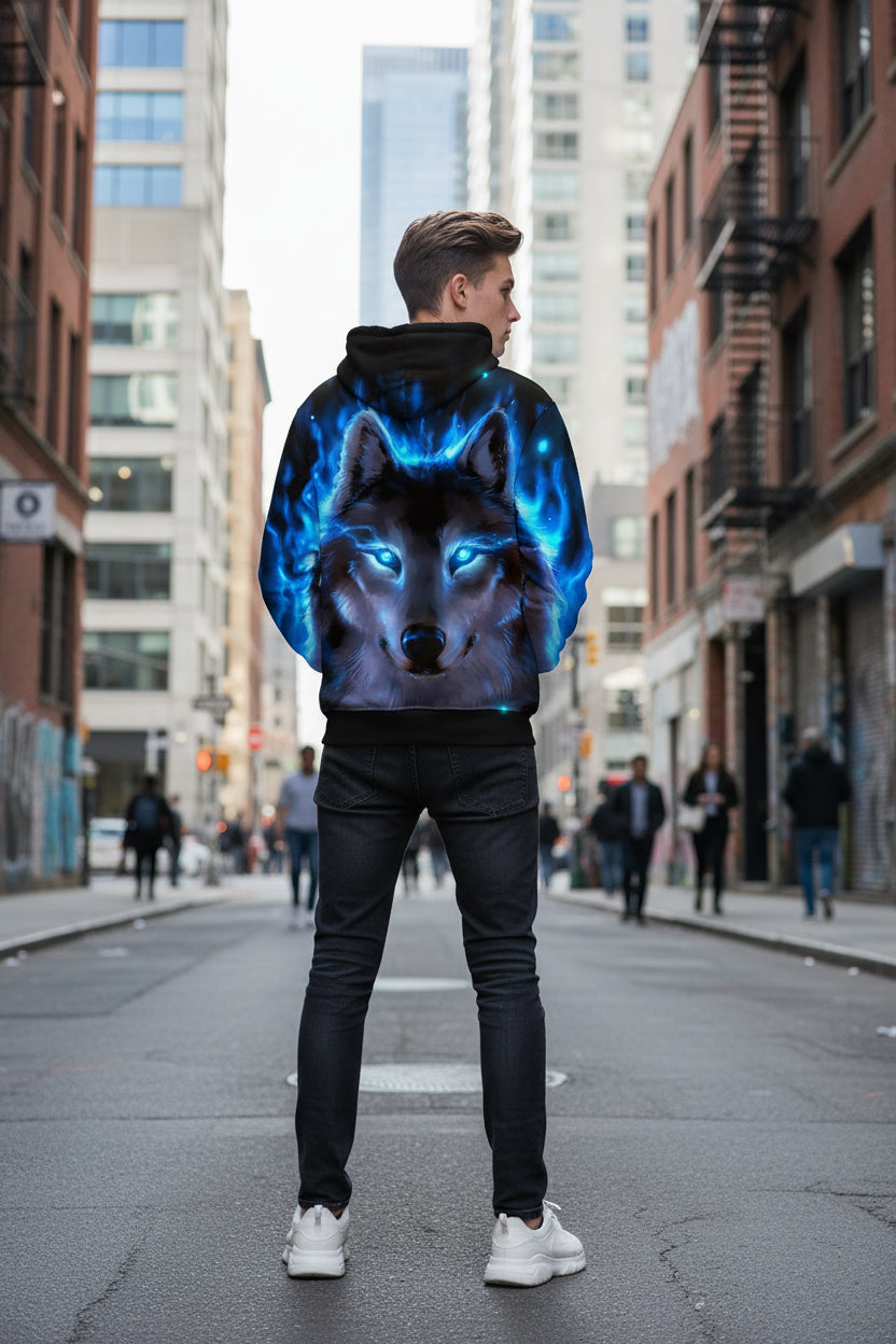 Hoodie with a wolf design and blue glowing effect on a white background