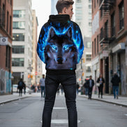 Hoodie with a wolf design and blue glowing effect on a white background