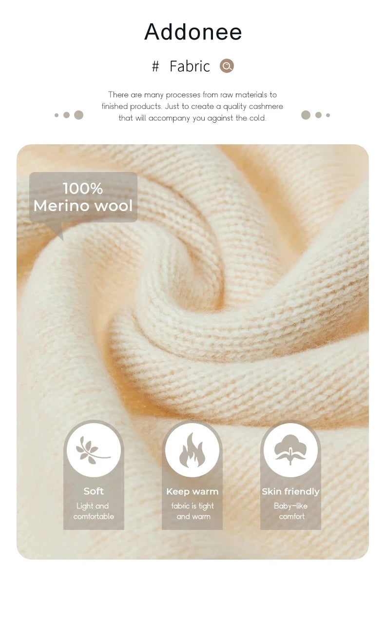 Close-up of 100% merino wool fabric with Addonee branding and product details.