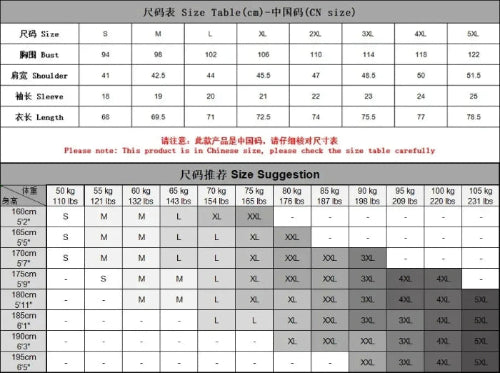 Size chart for clothing measurements in Chinese sizes