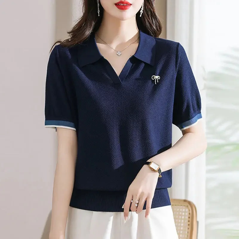 Female Tee Baggy Plain Knitted Cute T-shirts Kawaii Women's Polo Pulovers Offer Comfortable Summer 2025 with Collar New On
