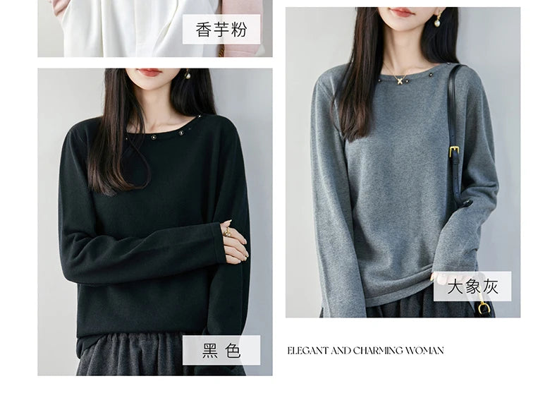 High end fashion 100% pure cotton women's sweater casual knitted round neck pullover autumn and winter solid color women's top