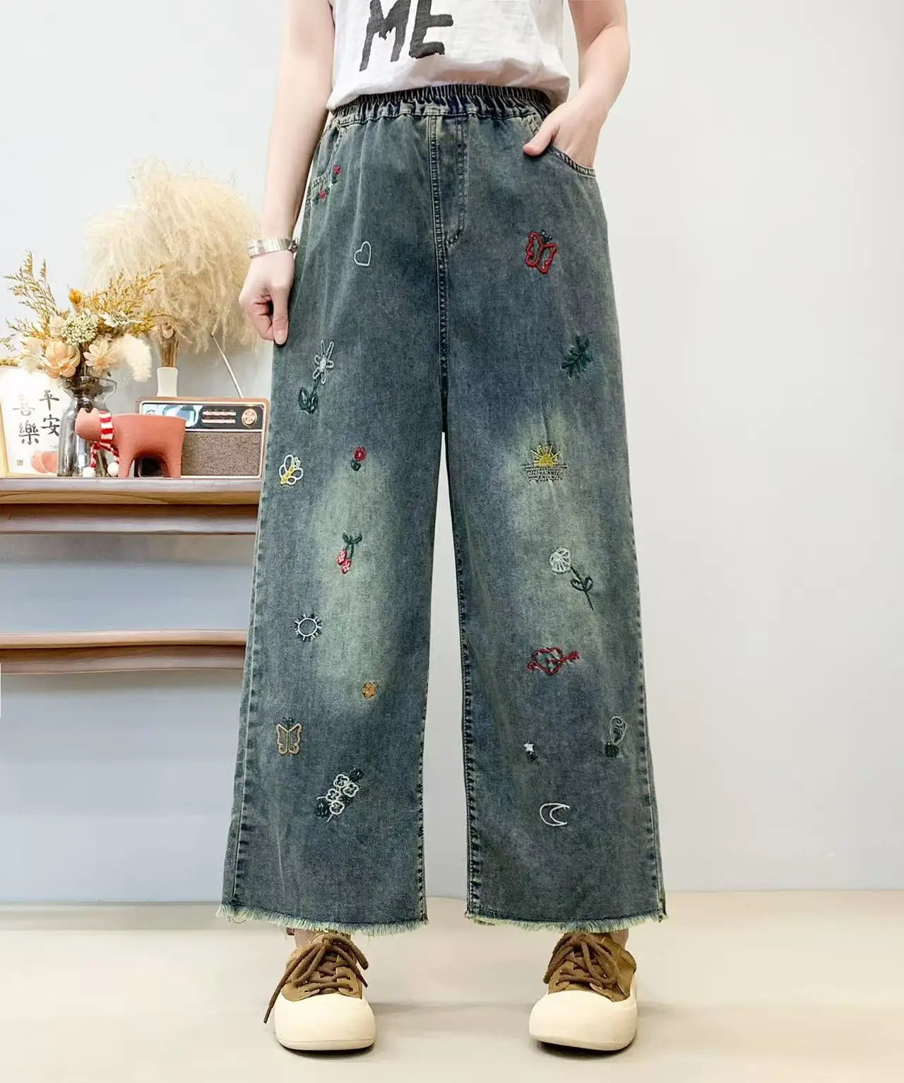 Spring Summer Ethnic Style Vintage Floral Embroidery Denim Wide Leg Pants Women High Elastic Waist Hole Casual Straight Jeans