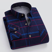 Navy blue plaid shirt with red accents on a white background