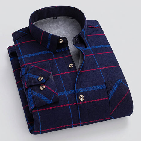 Navy blue plaid shirt with red accents on a white background