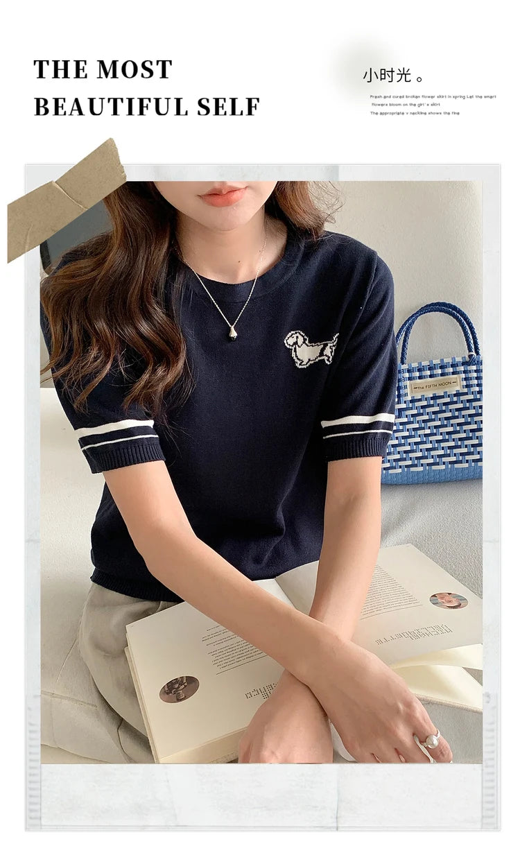 Summer 100% cotton women's T-shirt casual solid color knitted pullover short sleeved loose round neck Tees Pull embroidered Tops