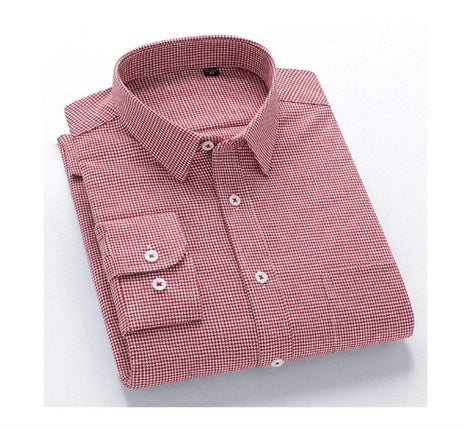A folded long-sleeve button-down dress shirt with a small red and white gingham check pattern, featuring a pointed collar, 