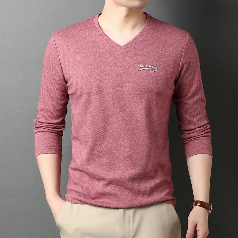 Top Quality New Fashion Brand Solid Color Plain V Neck Long Sleeve t Shirt Men Cotton Casual Men Clothes 2025