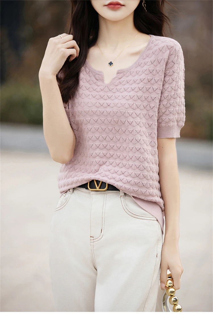 Women's T-shirt Summer New 100% Pure Cotton Tees Casual Solid Knitted Short sleeved V-neck Pullover Loose Tops Fashion Sweater