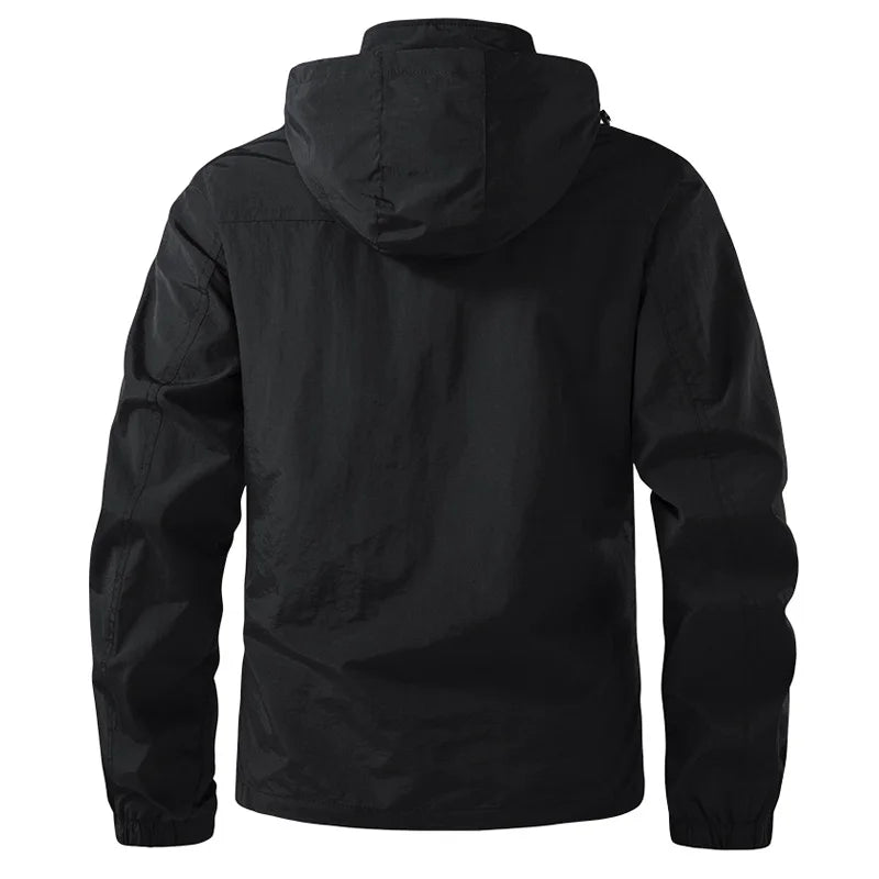 Black hooded jacket shown from the back on a white background