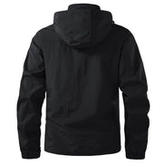 Black hooded jacket shown from the back on a white background