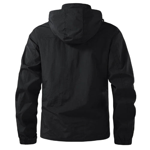 Black hooded jacket shown from the back on a white background