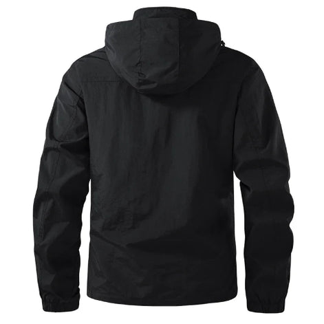 Black hooded jacket shown from the back on a white background