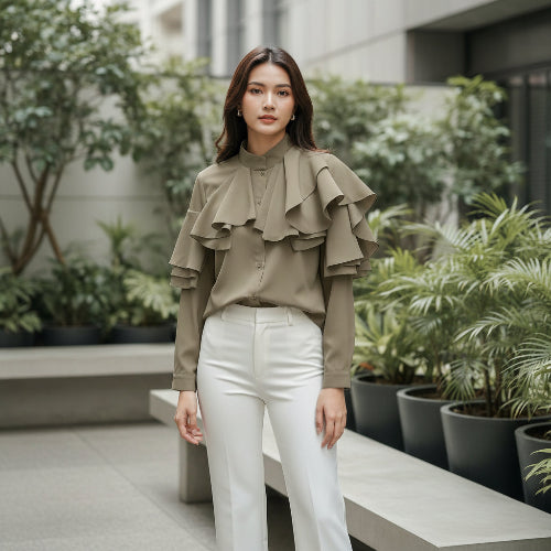 Khaki blouse with ruffled details on a white background