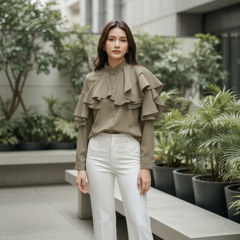Khaki blouse with ruffled details on a white background