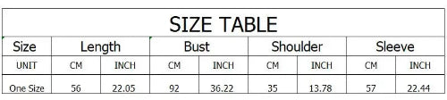 A size table chart with columns for Size, Length, Bust, Shoulder, and Sleeve, showing measurements in centimeters and inches for one size.